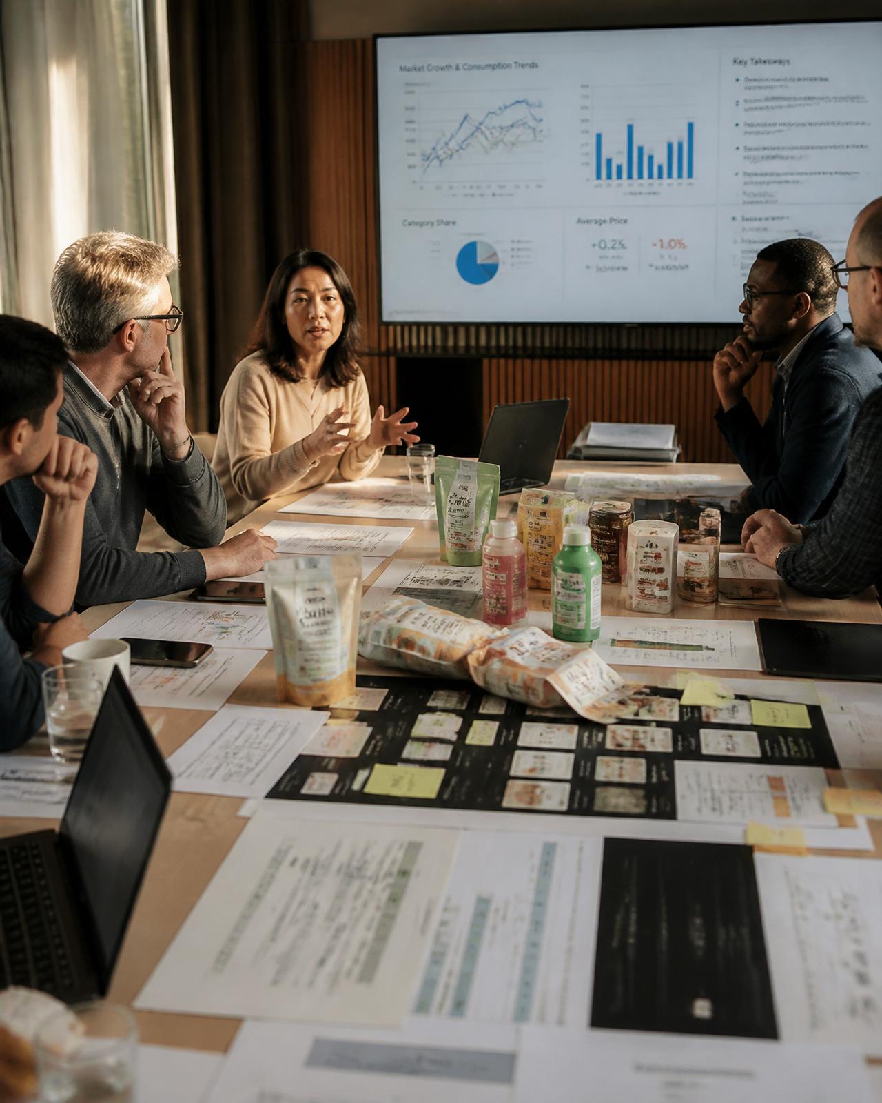 An executive strategy session around a warm walnut table with consumer product packaging prototypes and notebooks