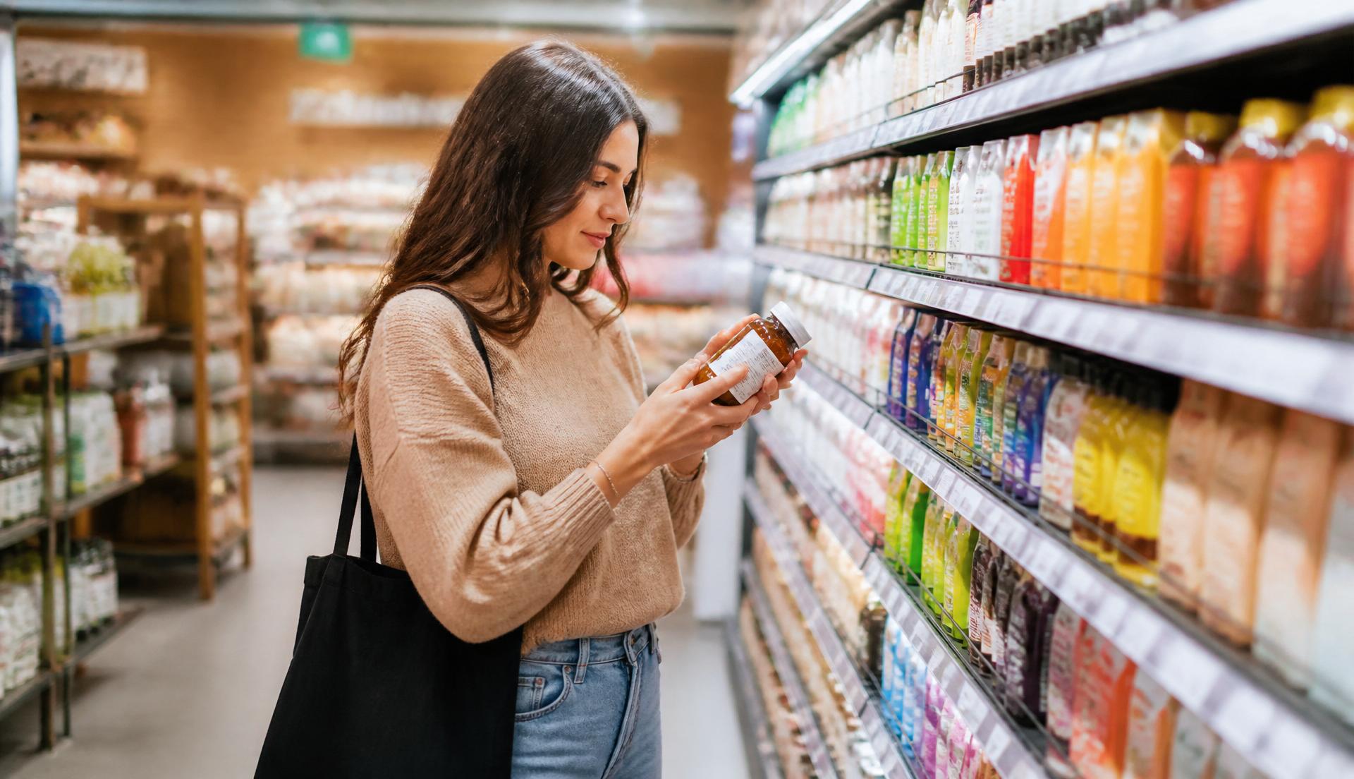 A shopper examining a consumer product on a well-merchandised modern retail shelf